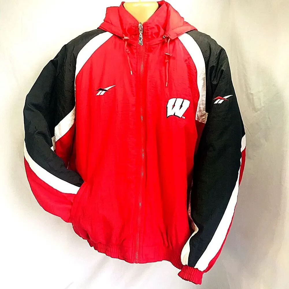 Reebok Vtg Reversible Jacket Hooded RARE Ski Puffer XL Red Wisconsin Winter Y2K